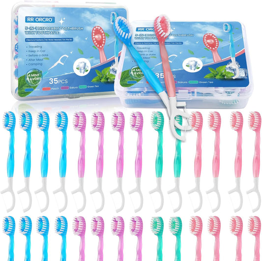 40Pack Mini Disposable Toothbrushes 5-in-1 Portable Pre-Pasted Travel Toothbrush with Toothpaste Tongue Scraper Floss Pick Individually Wrapped Box Small Prepasted Travel Toothbrush for Kids Adults