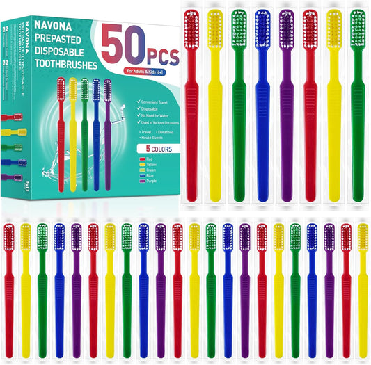 Navona 50 PCS Prepasted Disposable Toothbrushes with Toothpaste, Premium Bulk Toothbrushes Individually Wrapped, Single Use Bulk Toothbrush for Travel, Guests, Hotel, Camping
